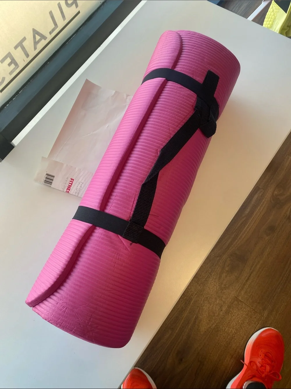 Essentials Pink Rolled Exercise Mat with Black Strap